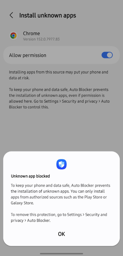 Android APK installation blocked warning