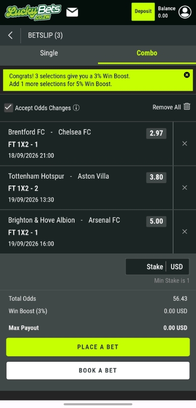 LuckyBets app bet slip