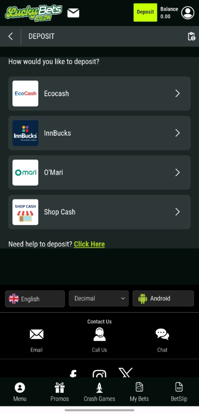 LuckyBets app deposit options