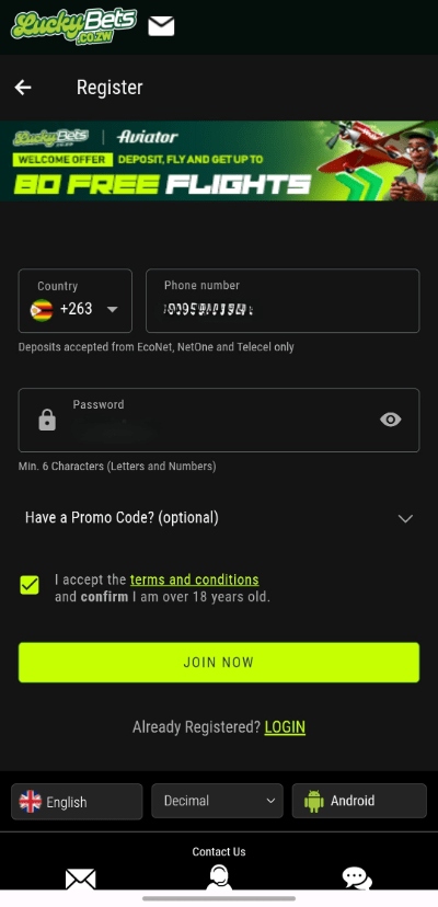 LuckyBets app home_login screen