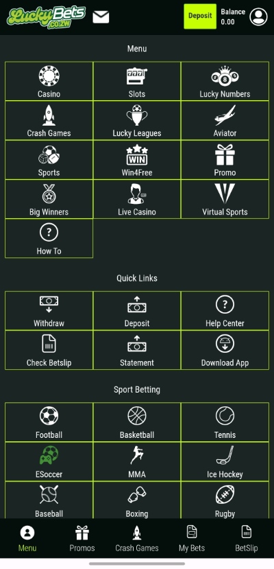 LuckyBets mobile app menu