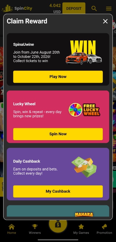 Spin City app bonuses