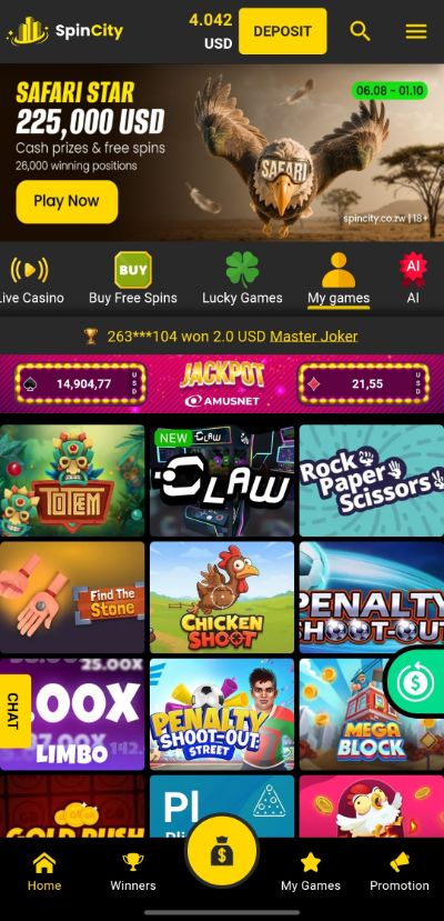 Spin City app home screen-navigation