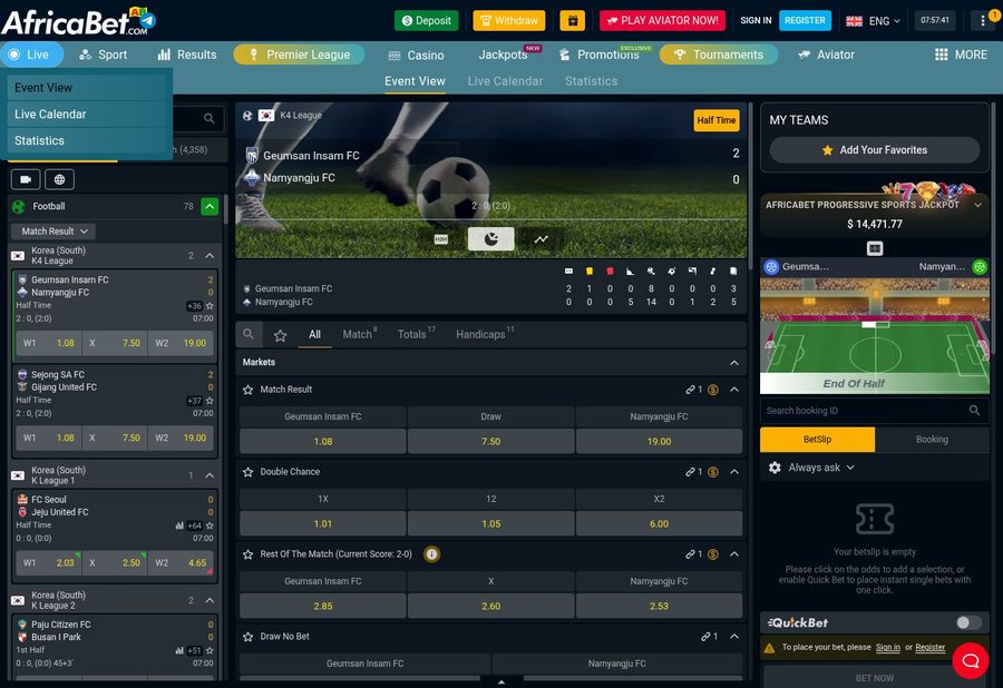 AfricaBet live markets, score display and match statistics