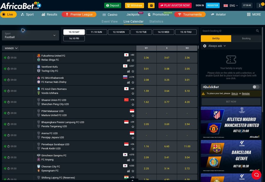 AfricaBet live calendar with scheduled fixtures